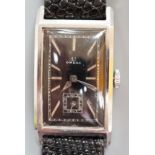 A gentleman's late 1930's stainless steel Omega rectangular black dial manual wind wrist watch, with