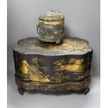 A Chinese gilt metal pierced jar and cover decorated with birds, together with a large Chinese