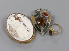 A modern 9ct gold mounted oval cameo shell brooch, 53mm, a 9ct gold and gem set ring and a white