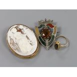 A modern 9ct gold mounted oval cameo shell brooch, 53mm, a 9ct gold and gem set ring and a white