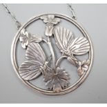 A George Jensen (designed by Arno Malinowski) sterling 'twin moth amid foliage' circular pendant