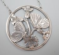 A George Jensen (designed by Arno Malinowski) sterling 'twin moth amid foliage' circular pendant