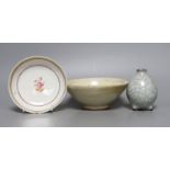 An 18th century Chinese export saucer dish, crackle glaze vase and a Qingbai bowl, diameter 15cm