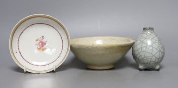 An 18th century Chinese export saucer dish, crackle glaze vase and a Qingbai bowl, diameter 15cm