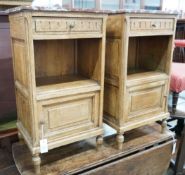 A pair of late 19th / early 20th century French oak marble topped bedside cabinets, width 43cm,