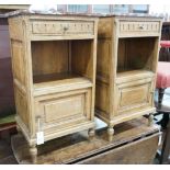 A pair of late 19th / early 20th century French oak marble topped bedside cabinets, width 43cm,