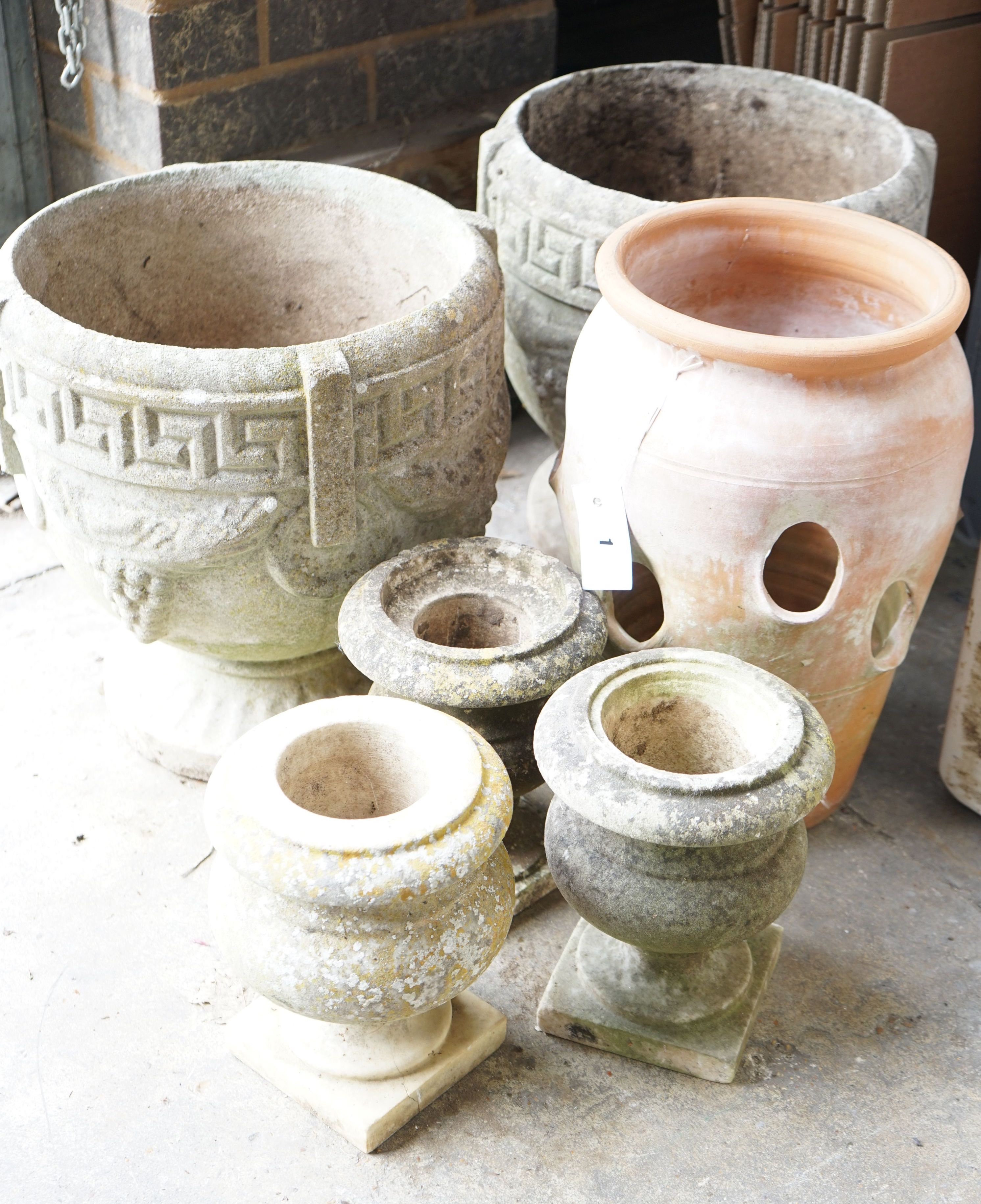 A pair of circular reconstituted stone garden urns, diameter 36cm, a terracotta strawberry pot and - Image 2 of 2