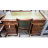 A reproduction mahogany pedestal desk, width 122cm, depth 60cm, height 77cm and chair