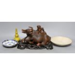 A Chinese studio pottery dish together with another two Chinese ceramics and a wood ox group, 26cm