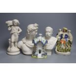 Two parian busts and a similar figure and two items of Staffordshire pottery - tallest 26cm