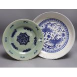 A 19th century Chinese blue and white celadon ground charger, marked to base, together with