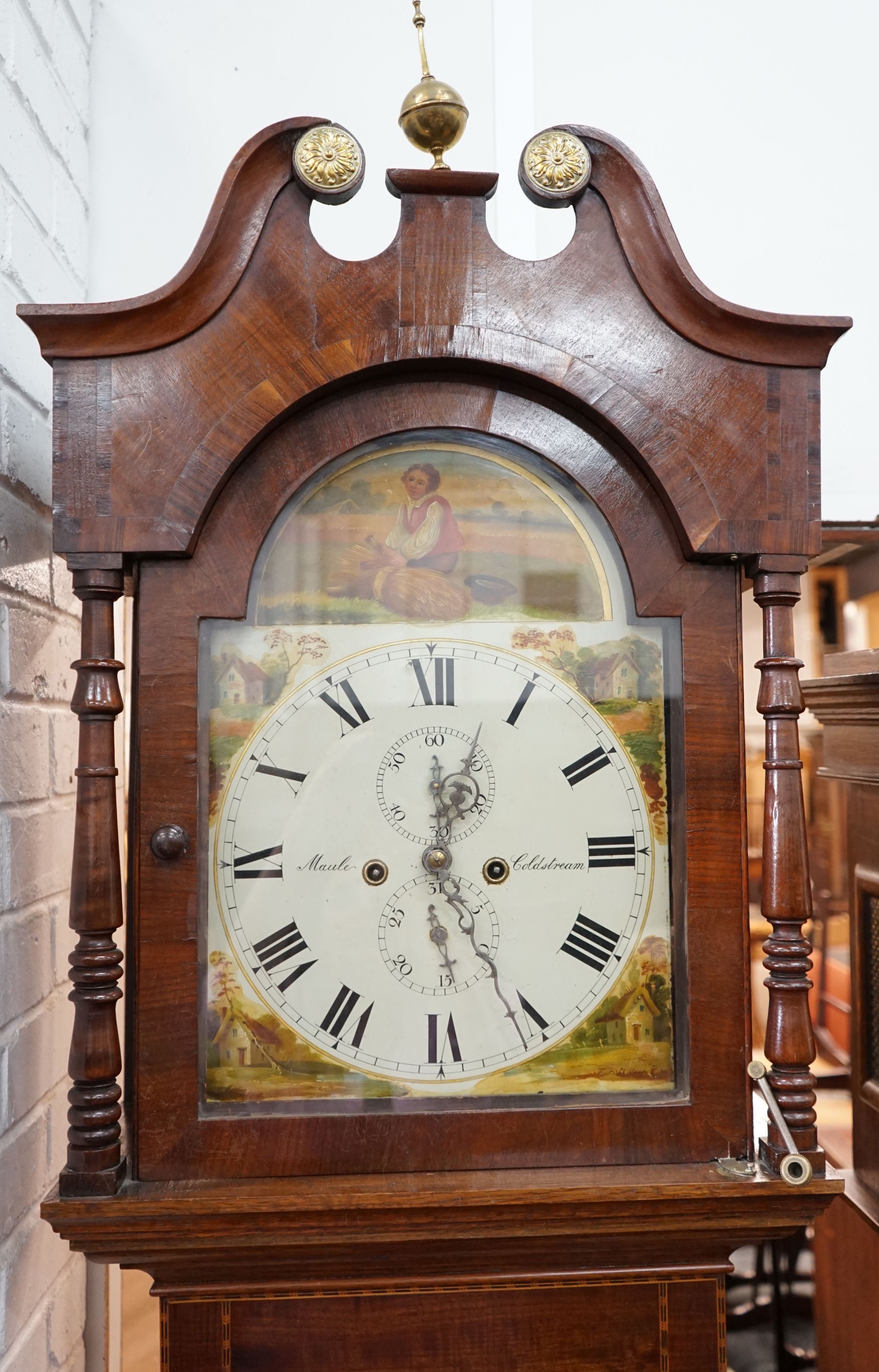 An early 19th century mahogany banded oak 8 day longcase clock, the painted dial marked Maule,