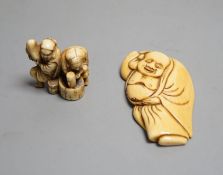 A Japanese Edo period ivory netsuke of Hotei and a Meiji period ivory netsuke of Daikoku and