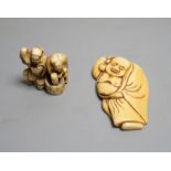 A Japanese Edo period ivory netsuke of Hotei and a Meiji period ivory netsuke of Daikoku and