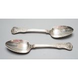 A pair of George IV Irish silver double struck Kings pattern table spoons, by James Scott, Dublin,