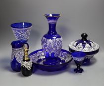 A group of Venetian Lace pattern enamelled blue glass, including a goblet, a vase etc (7)