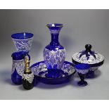 A group of Venetian Lace pattern enamelled blue glass, including a goblet, a vase etc (7)