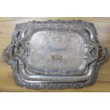 4 Victorian silver plated trays, Largest 77cm