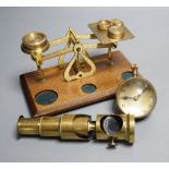 A student's brass monocular microscope, a pair of letter scales and a desk watch,Letter scales 17cms