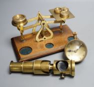 A student's brass monocular microscope, a pair of letter scales and a desk watch,Letter scales 17cms