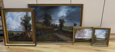 Ray Price (20th century), acrylic on board, Two figures on a road beneath a stormy sky, signed,