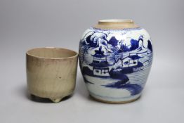 A 19th century Chinese blue and white jar depicting a village scene, together with a Chinese crackle