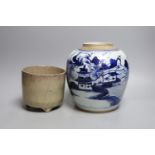 A 19th century Chinese blue and white jar depicting a village scene, together with a Chinese crackle