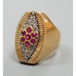 A French yellow metal (18ct poincon mark), ruby and rose cut diamond cluster set marquise shaped
