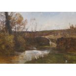 Harry Hime (1863-1933), oil on canvas, River and stone bridge in a landscape, signed, 48 x 74cm