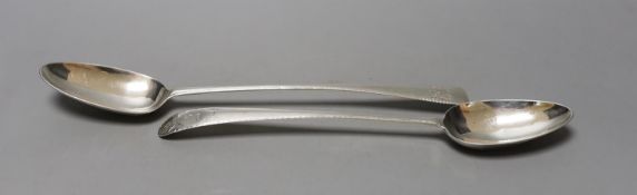 Two late 18th century Irish silver Old English feather edge basting spoons, one by James Keating and