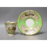 Copeland and Garrett fine topographical pedestal coffee cup and saucer with green ground painted