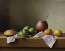 Christopher Cawthorne (20th C.), oil on canvas, Still life of fruit and pots on a table top, signed,