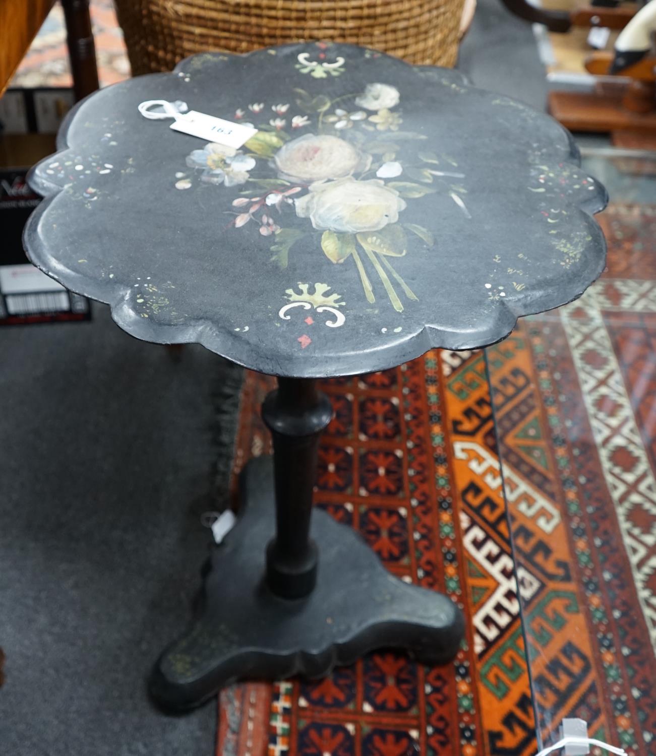 A Victorian painted mother of pearl inlaid papier mache tilt-top wine table, width 50cm depth 49cm