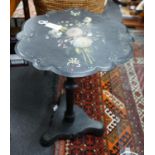 A Victorian painted mother of pearl inlaid papier mache tilt-top wine table, width 50cm depth 49cm