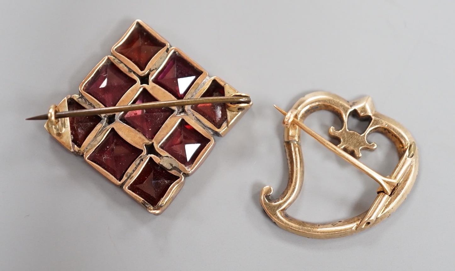 Two Victorian yellow metal and garnet set brooches, square and stylised heart shape, largest 32mm. - Image 2 of 2