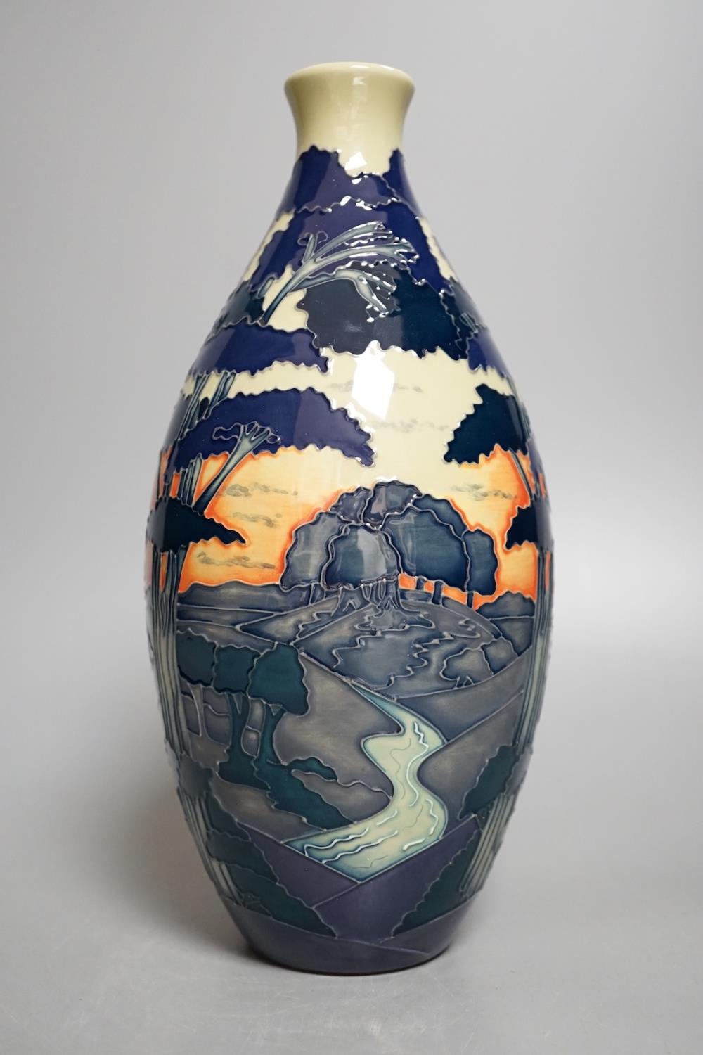 A Moorcroft 'trees in a dusky landscape' trial vase, boxed,23.5 cms high. - Image 3 of 4