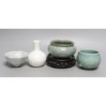 Three Chinese crackle glaze vessels, a Korean celadon pot and a hardwood stand