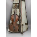 19th century cased violin and bow (a.f)