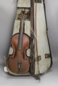 19th century cased violin and bow (a.f)