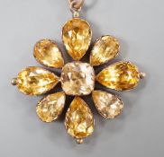 A 19th century yellow metal and foil backed paste set pendant, 42mm, on a later 375 chain, gross