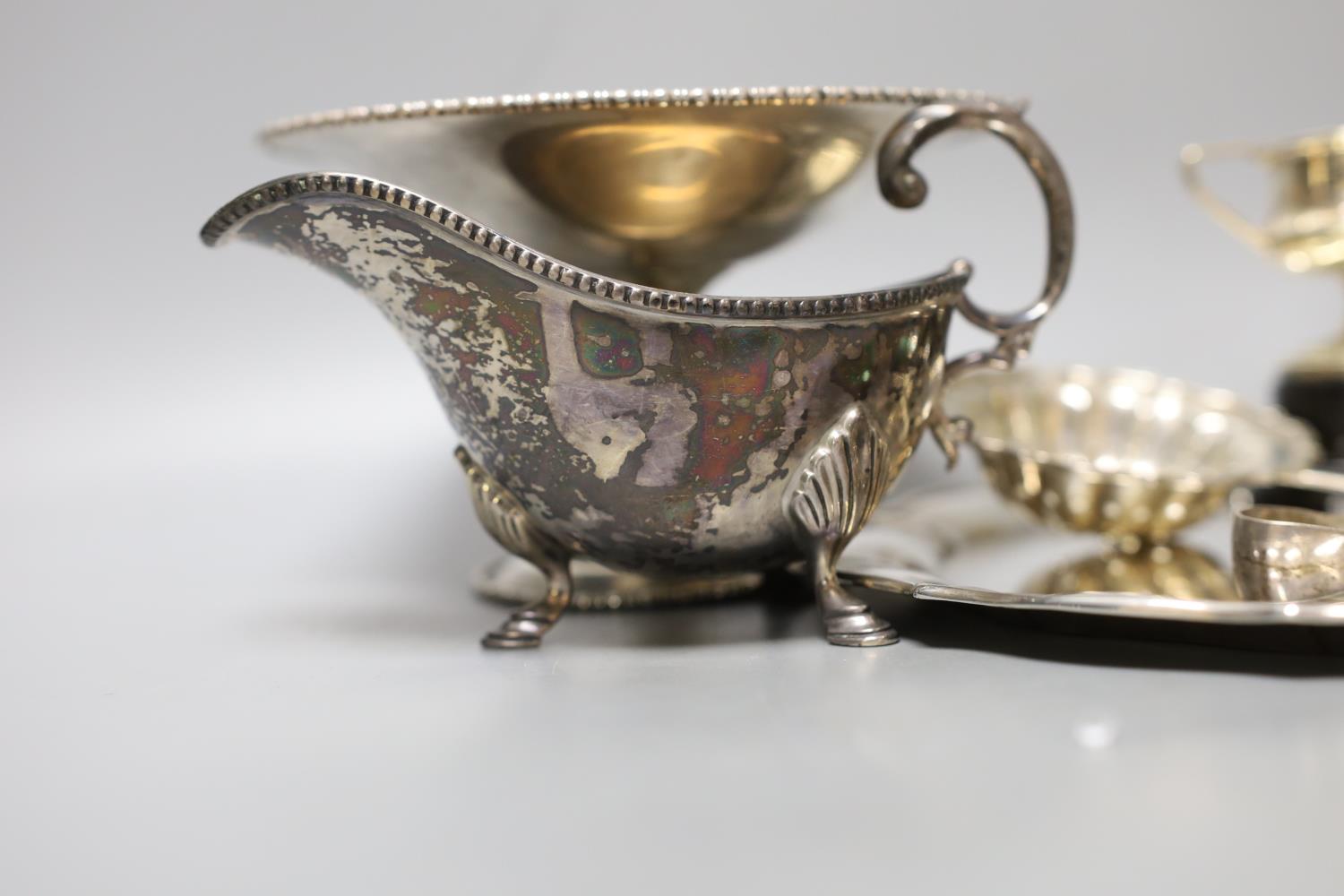 A George V silver salver, a silver tazze, a silver sauceboat, three silver condiments, a silver - Image 2 of 7