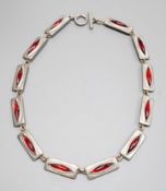 A stylish Jorgen Jensen pewter and red paste set necklace, 39cm.