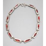 A stylish Jorgen Jensen pewter and red paste set necklace, 39cm.