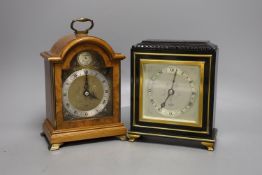 Two Elliott mantel clocks, one walnut and one lacquered.