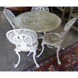 A Victorian style painted aluminium garden table and four chairs, table diameter 80cm height 69cm