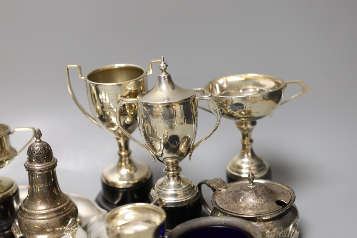 A George V silver salver, a silver tazze, a silver sauceboat, three silver condiments, a silver - Image 5 of 7