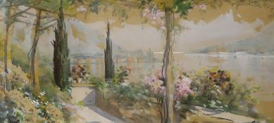 Gianni, watercolour, Terrace overlooking an Italian lake, signed, 16 x 34cm