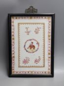 A framed Chinese export style famille rose porcelain plaque, 25x17cm