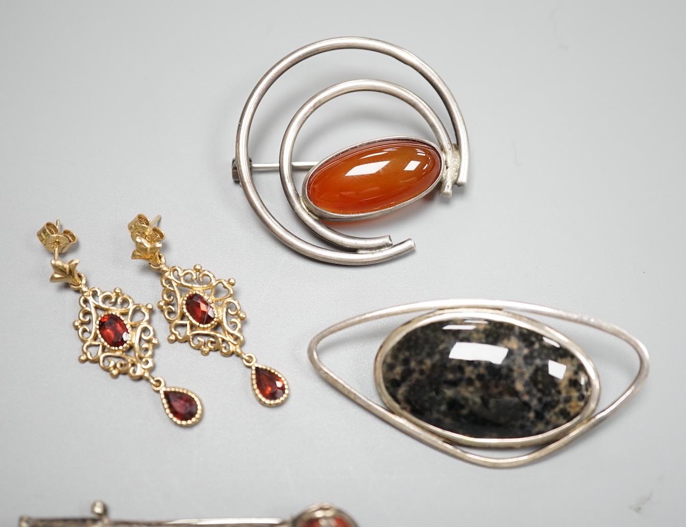A modern pair of 9ct and gem set drop earrings and three white metal gem set brooches, including one - Image 3 of 4