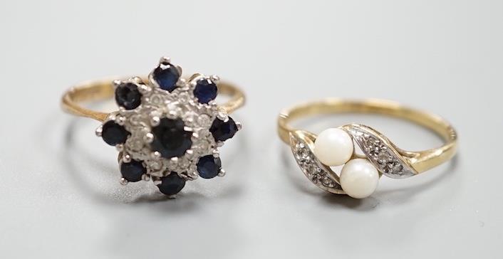 A modern 9ct gold, sapphire and diamond cluster ring and a similar cultured pearl and diamond chip